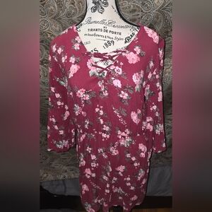 Lace up front red floral lightweight dress